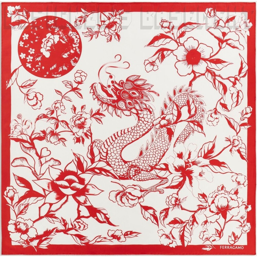 FERRAGAMO red & ivory floral YEAR OF THE DRAGON silk scarf NWT + gift envelope🎁